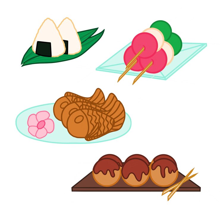 Diversi tipi di snack tradizionali giapponesi Illustrazione vettoriale