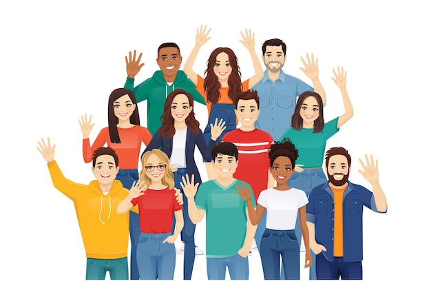 Diversità multietnica giovani persone agitano le mani studenti asiatici africani e caucasici in piedi insieme