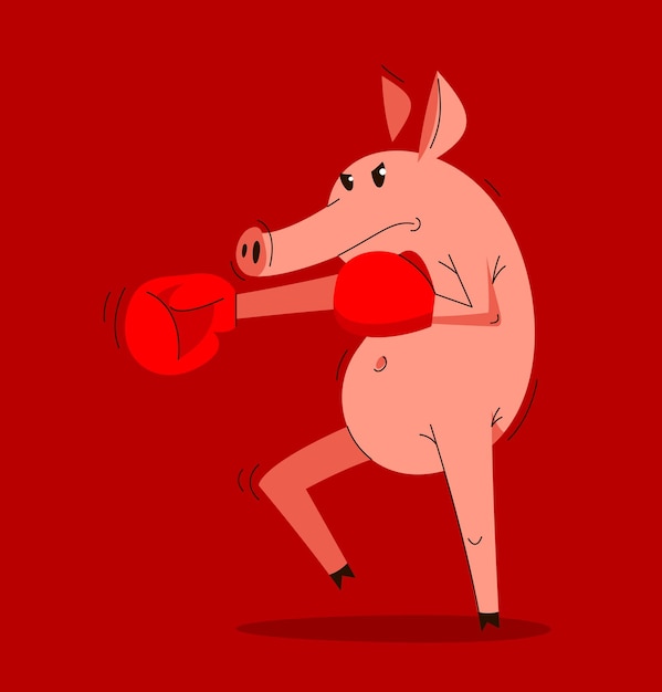 Divertente cartone animato di allenamento di boxe di maiale in guanti illustrazione vettoriale, disegno suina di carattere animale.