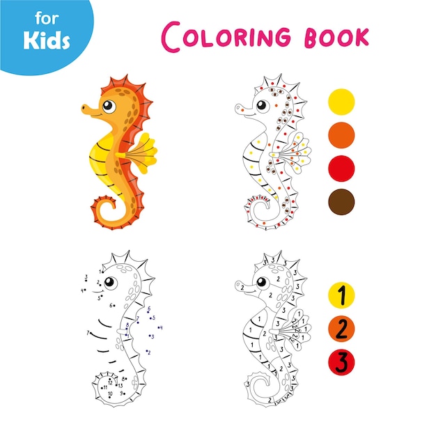 Divertente cavalluccio marino Libro da colorare per giochi educativi per bambini punto per punto set marino