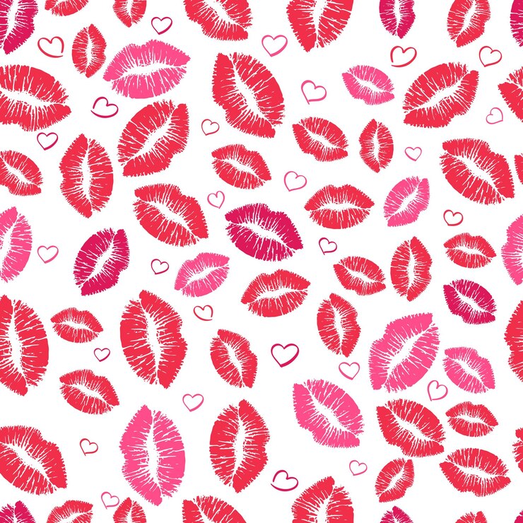 Divertente e flirtante modello senza cuciture di rossetto rosso e rosa baci su uno sfondo bianco Perfetto per il giorno di San Valentino disegni romantici o progetti di bellezza e moda