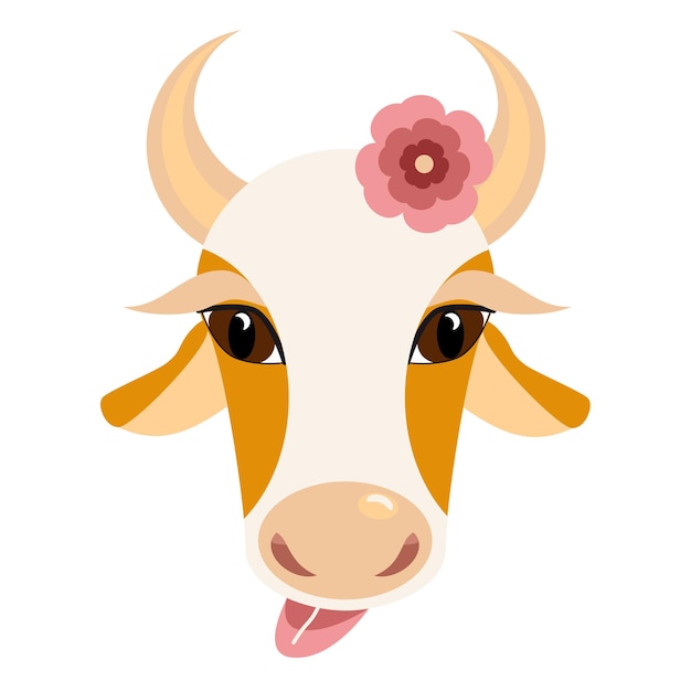 Divertente mucca rossa con una lingua sporgente e un fiore rosa