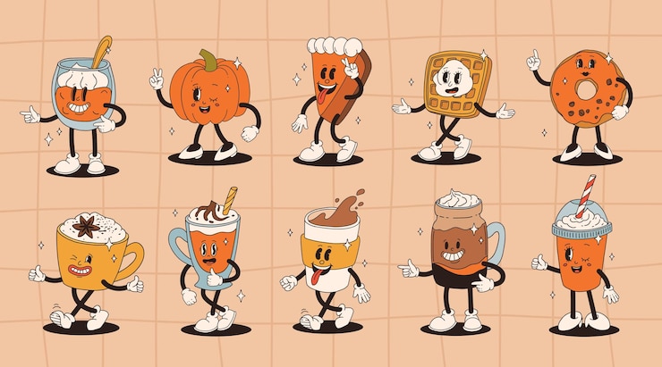 Vettore divertente personaggio retrò dei cartoni animati di zucca in stile vintage anni '50, '60 e '70, mascotte felice autunno con zucca, spezie, latte, torta di zucca, budino, cupcake, cialde, ciambella e caffè