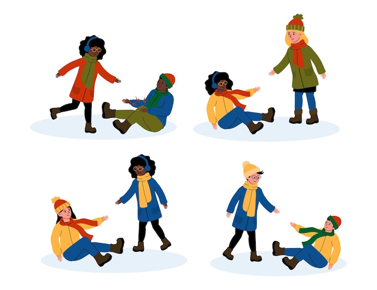 Vettore divertimento invernale giocoso con gli amici che cadono nella neve in un parco in una giornata di sole