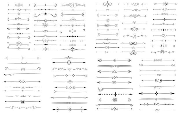 Divisore di pagina ed elementi di progettazione Set di vari semplici divisori neri Disegno divisore assortito