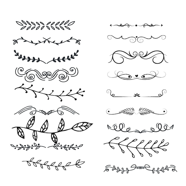 Divisori vettoriali disegnati a mano Linee bordi e allori impostati