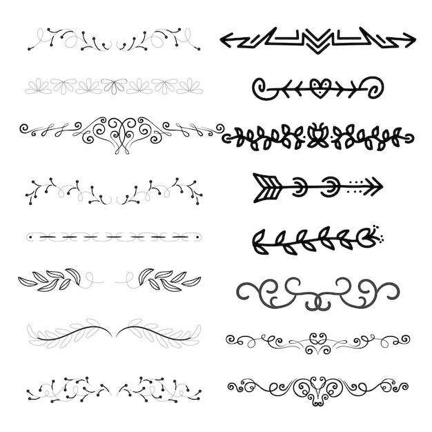 Divisori vettoriali disegnati a mano Linee bordi e allori impostati