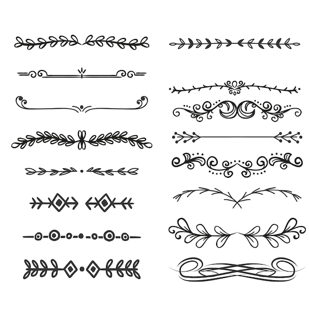 Divisori vettoriali disegnati a mano Linee bordi e allori impostati