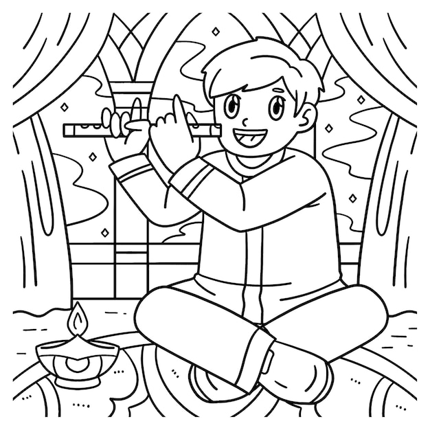 Diwali Bambino che suona il flauto Pagina da colorare per bambini