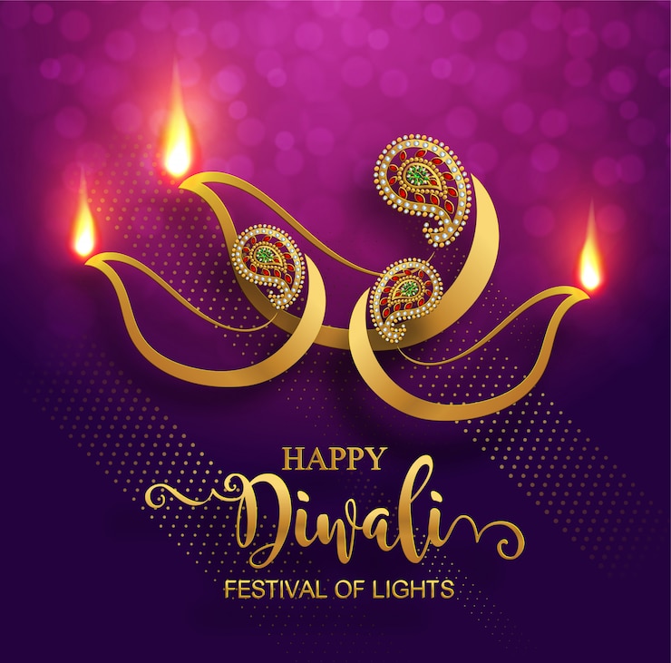 Vettore diwali, deepavali o dipavali il festival delle luci dell'india con il diya dell'oro modellato e cristalli sul fondo di colore di carta.