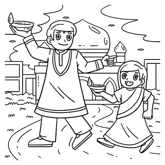 Diwali Genitore e Figlio con Candele Pagina da colorare