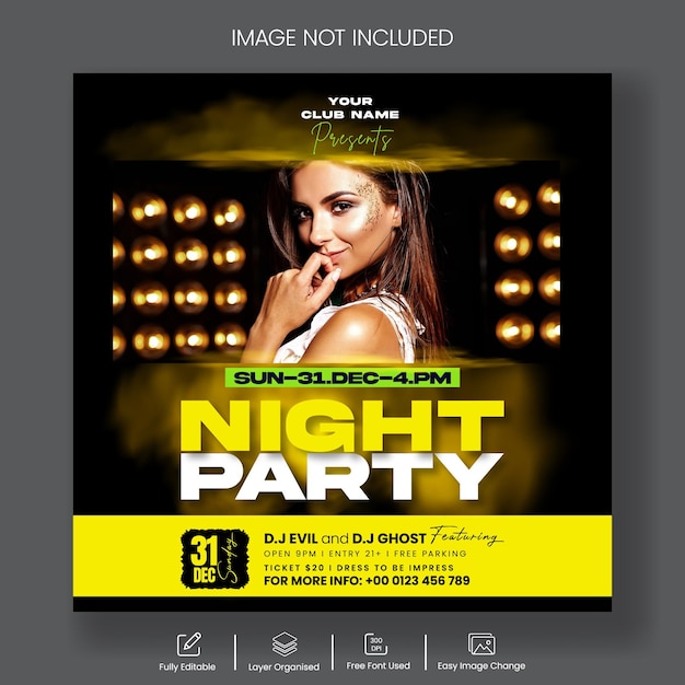 DJ music party Modello di post per social media e Instagram Progettazione di inviti per eventi di festa in discoteca