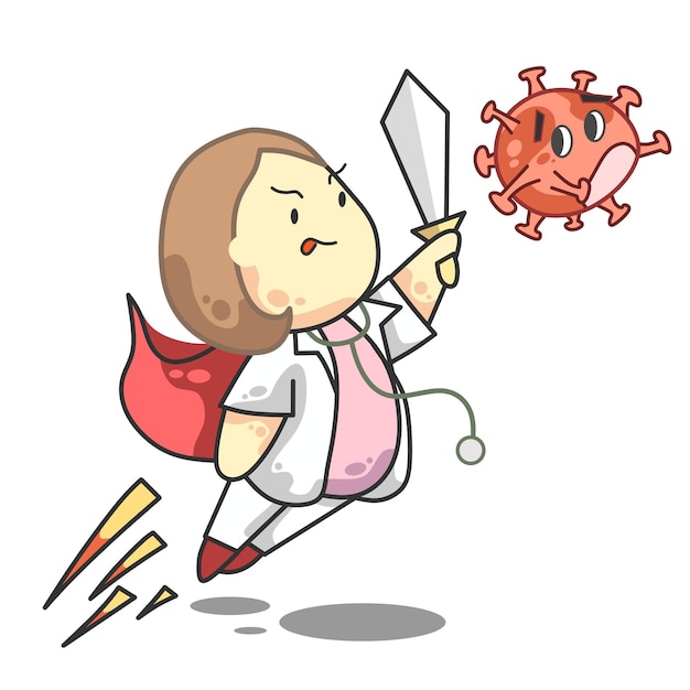 Doctor Girl Fight virus capelli corti Cartoon Vector Illustration
