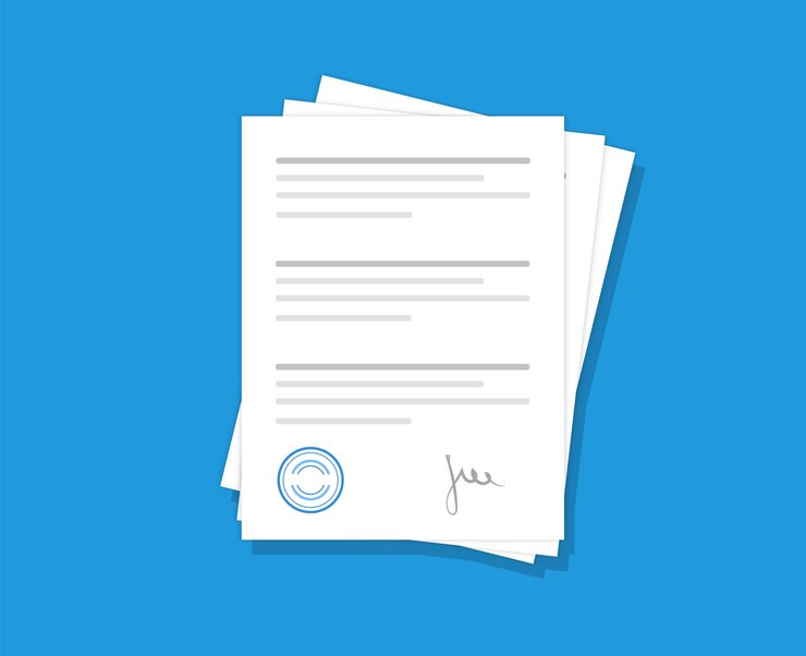 Documenti con timbro e testo. Contratto e accordi con firma. Pila di documenti aziendali.