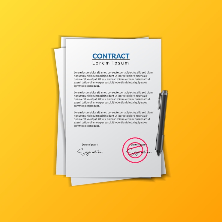 Vettore documento del contratto con firma e timbro per la documentazione relativa all'approvazione del contratto commerciale