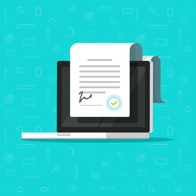 Documento di contratto astuto elettronico online sul computer portatile