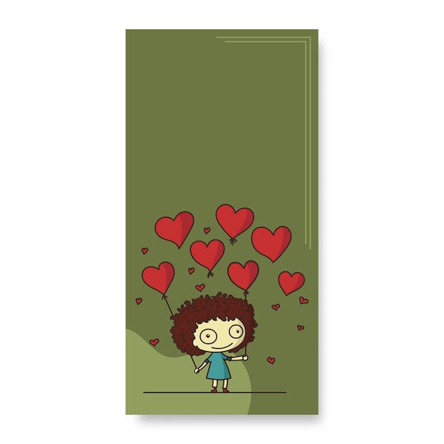Doddle Style Cute Little Girl Holding palloncini a forma di cuore rosso su sfondo verde oliva pastello e spazio di copia Amore o concetto di San Valentino