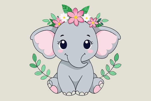 Dolce bambino elefante con una ghirlanda di fiori rosa illustrazione vettoriale safari doccia elefante che ride