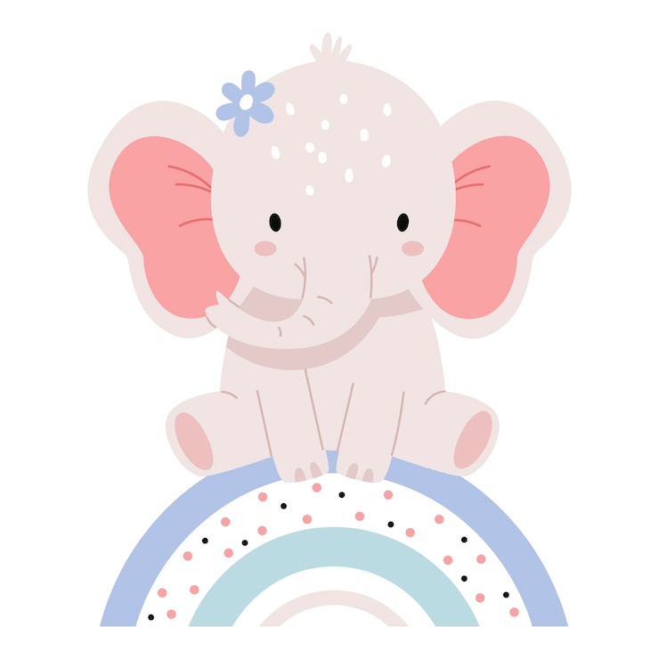 Vettore dolce bambino elefante seduto su un arcobaleno cartolina in stile scandi vettore piatto dell'asilo per bambini