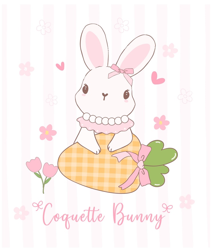 Vettore dolce coniglietto coquette con arco e carota cartoon dolce retro felice animale primaverile di pasqua