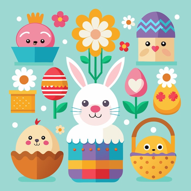 Dolce coniglietto di Pasqua con uova e fiori colorati