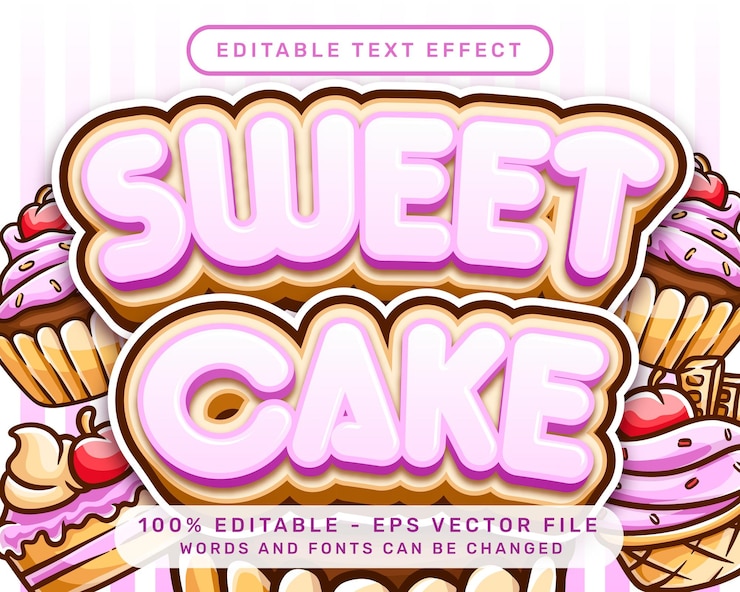 Vettore dolce cupcake effetto di testo 3d e effetto di testo modificabile con illustrazione di torta