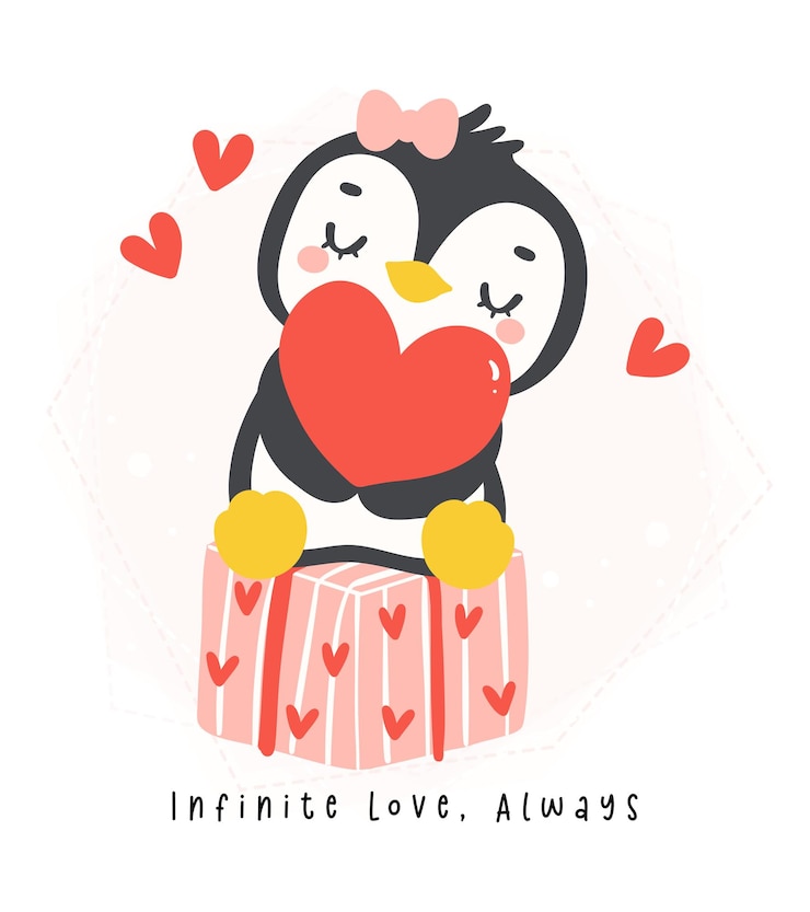 Vettore dolce pinguino san valentino con cuore rosso disegno di cartone animato kawaii illustrazione di personaggio animale
