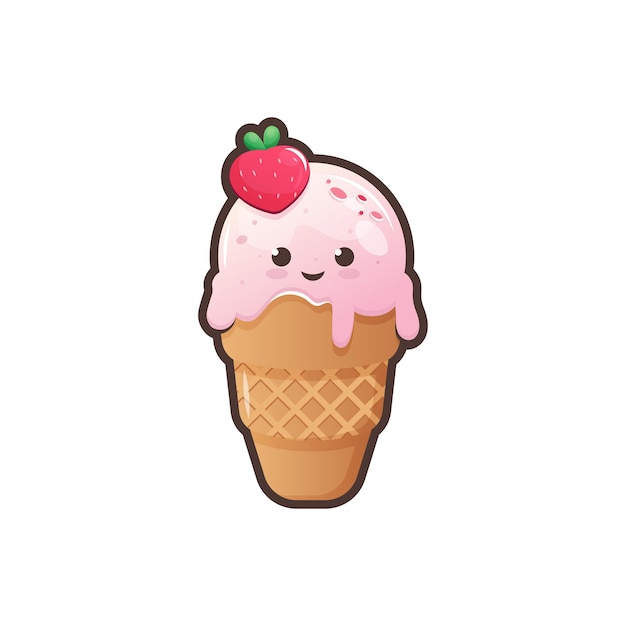 Dolce waffle cone di gelato in stile kawaii con faccia divertente cartone animato illustrazione vettoriale di personaggi dolci