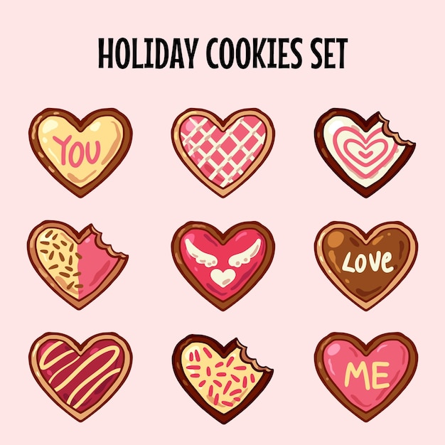 Dolci biscotti disegnati a mano a forma di cuore e colore rosa per la decorazione delle vacanze