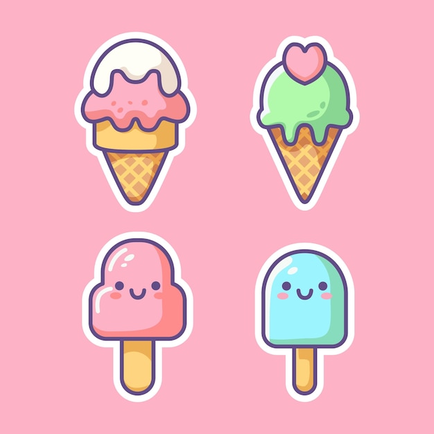 Dolci coni di gelato e ghiaccioli con facce sorridenti