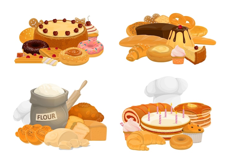 Vettore dolci di pane e icone vettoriali di pasticceria