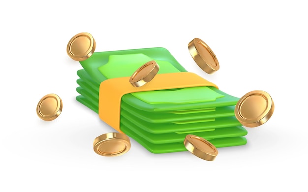 Dollaro e moneta verdi 3d in stile cartone animato Oggetto commerciale e finanziario per il design di banner Vettore