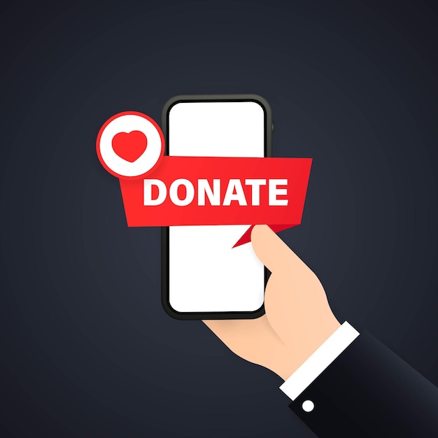 Donare denaro tramite il concetto di pagamenti online. Applicazione mobile per le donazioni per il recupero. Mano con soldi sullo schermo del telefono. Pulsante Dona. La carità moderna.