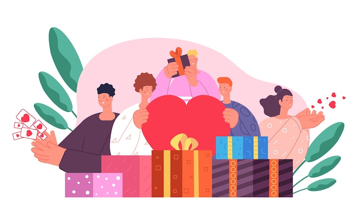 Vettore donazioni di regali condividi doni e ama le persone con il cuore amicizia comunità sociale o beneficenza scatole per le vacanze di natale concetto vettoriale assoluto