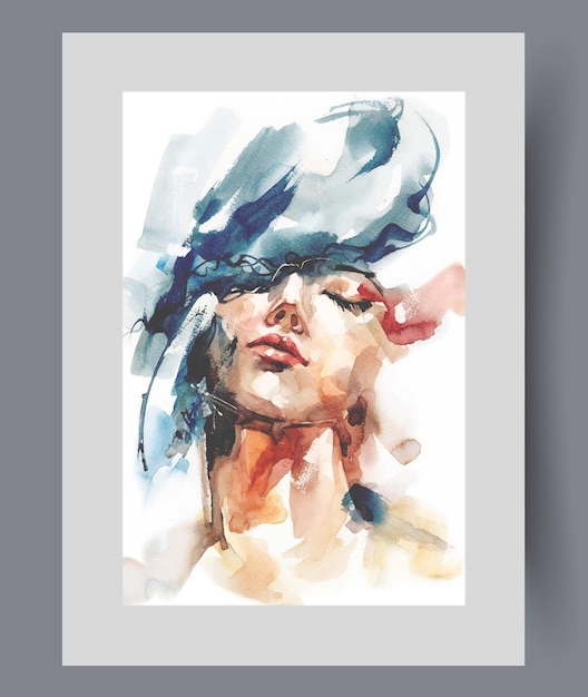 Donna affascinante con cappello da signora chiude gli occhi e alza il mento su un poster d'acquerello