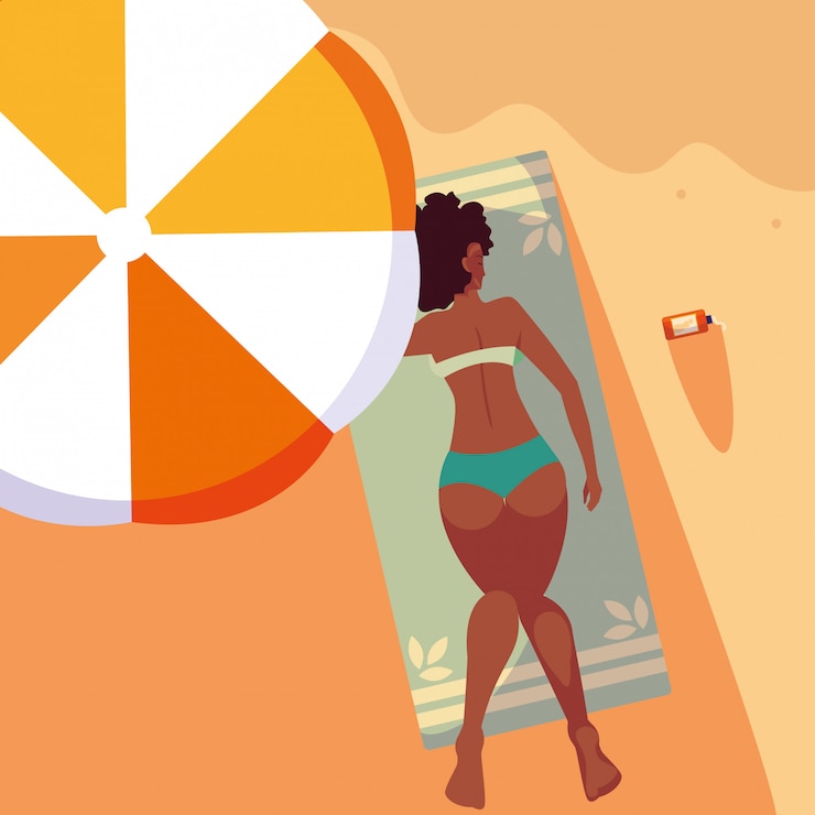 Vettore donna afro con costume da bagno abbronzatura in spiaggia