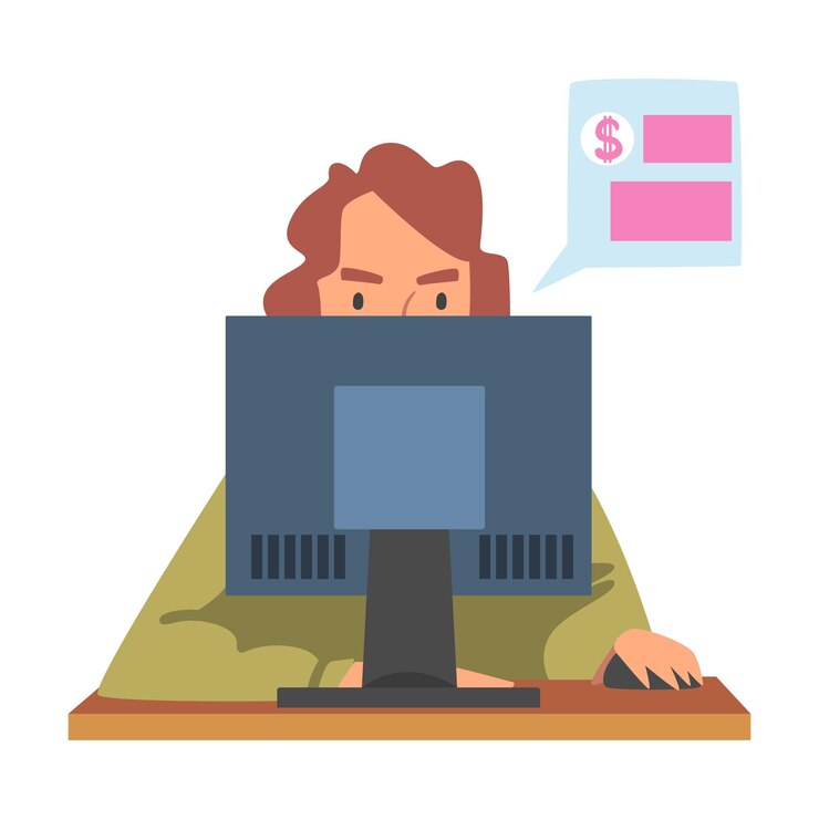 Vettore donna al computer da scrivania che analizza la crescita dei profitti finanziari e valuta l'illustrazione del vettore delle entrate e delle spese