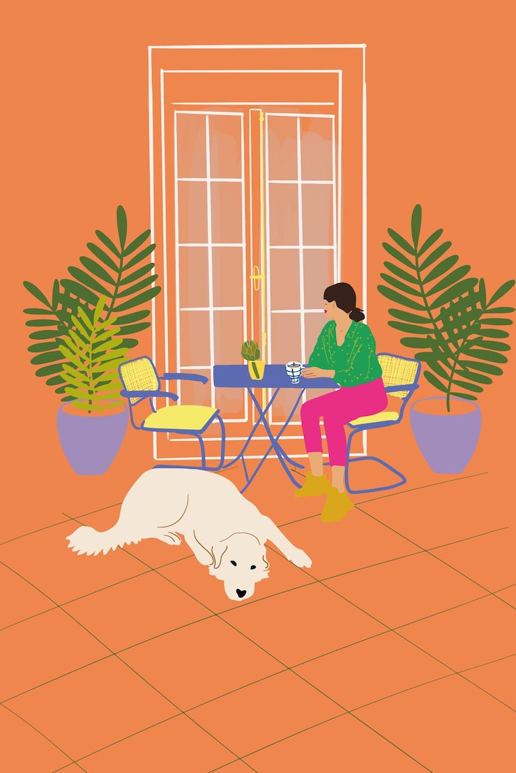 Vettore donna alla moda con il suo cane al caffè sull'illustrazione di vettore della via