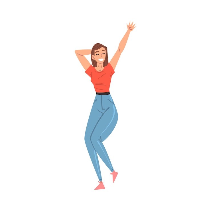 Vettore donna allegra e sorridente che si diverte, persona felice, personaggio in abiti casuali in stile cartone animato.