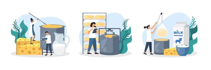 Vettore donna americana che impastano miscela di formaggio donna che asciuga il formaggio lavoratore in piedi nella produzione e monitoraggio del formaggio nella macchina di stampa set di processo di produzione di formaggio in fabbrica illustrazione vettoriale piatta