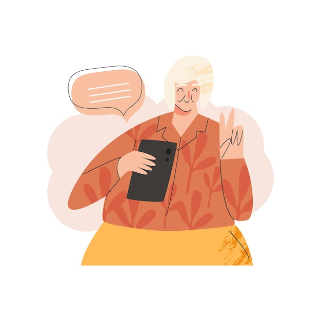 Donna anziana anziana felice senior con dispositivo portatile smartphone. Surfisti della generazione d'argento, comunicazione di baby boomer in classe virtuale. Pensionato attivo, illustrazione alla moda di persone autosufficienti