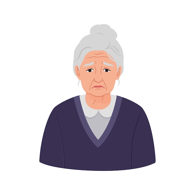 Donna anziana con un'espressione triste che indossa un maglione scuro e un collare bianco in un'illustrazione vettoriale piatta
