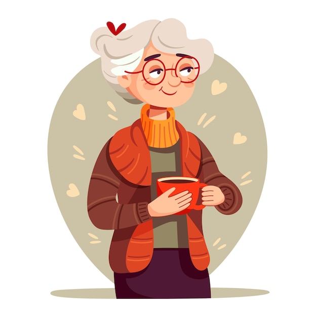 Donna anziana sveglia che tiene una tazza di tè o caffè