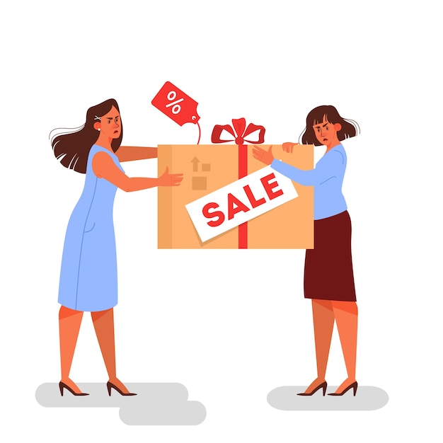 Donna arrabbiata che discute del prodotto con lo sconto. Grande vendita venerdì nero