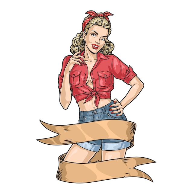 Donna attraente, volantino vintage colorato.
