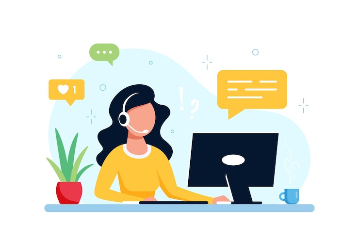 Donna caucasica con laptop e cuffie con microfono. Supporto tecnico, assistenza, call center e concetto di servizio clienti. Illustrazione vettoriale di stile piatto