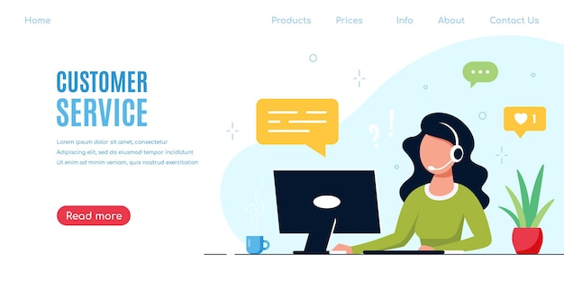 Donna caucasica con laptop e cuffie con microfono. Supporto tecnico, assistenza, call center e concetto di servizio clienti. Illustrazione vettoriale di stile piatto