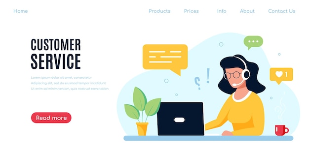 Donna caucasica con laptop e cuffie con microfono. Supporto tecnico, assistenza, call center e concetto di servizio clienti. Illustrazione vettoriale di stile piatto