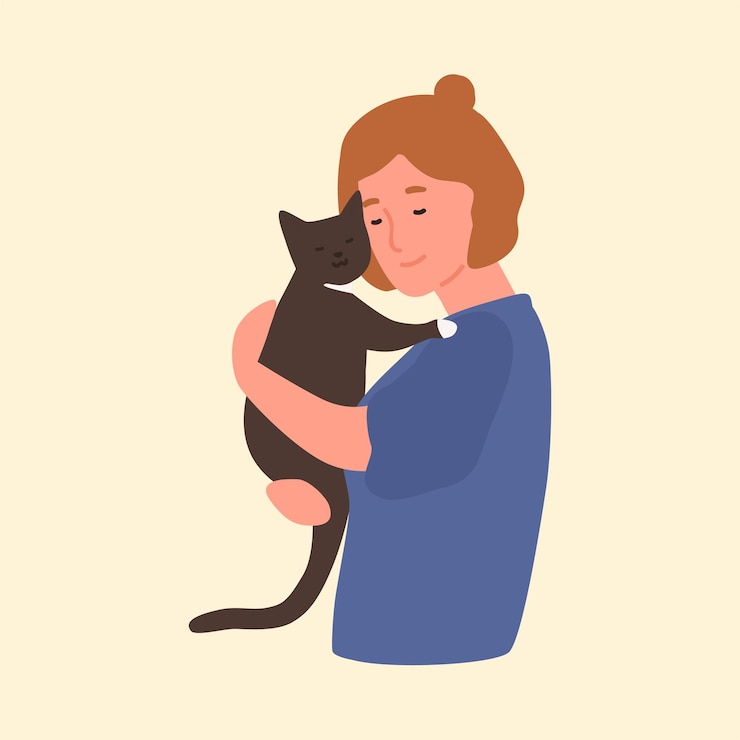 Vettore donna che abbraccia un gatto una donna che tiene e coccollo un gatto con affetto e amore