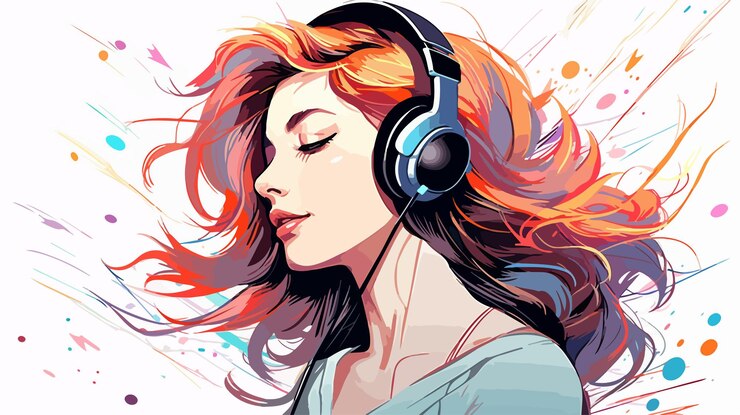 Vettore donna che ascolta musica disegno di linea d'arte